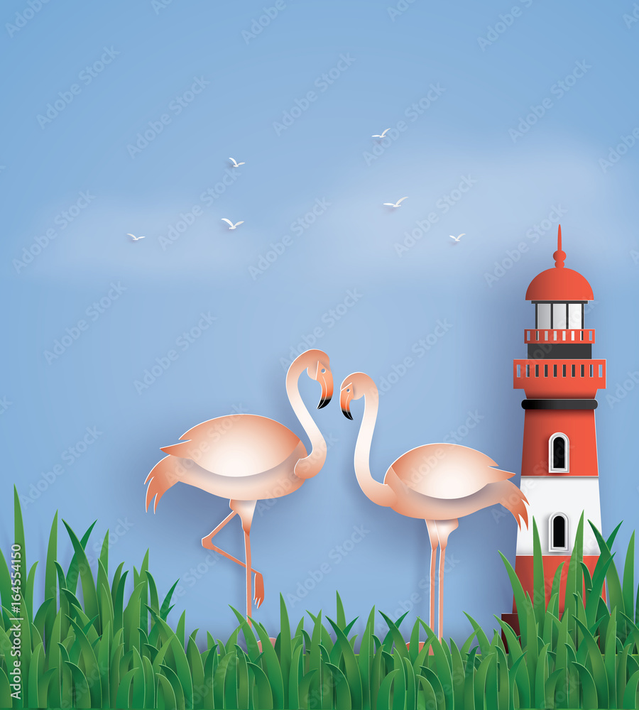 Naklejka premium love birds flamingos stand on the beach with grass and lighthouse.the illustration do to same paper art and craft style.