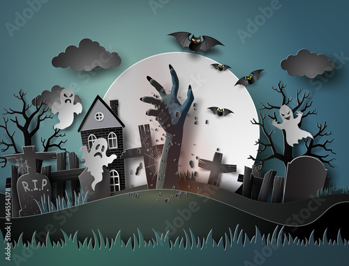 Halloween party with ghost and graveyard in fullmoon.The illustrations do the same paper art and craft style