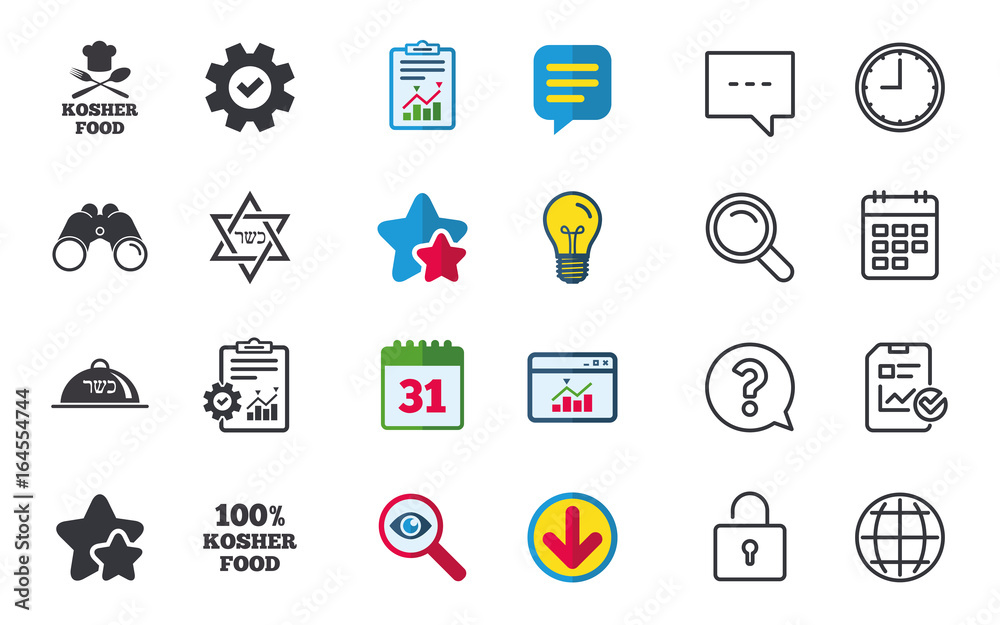 Kosher food product icons. Chef hat with fork and spoon sign. Star of David. Natural food symbols. Chat, Report and Calendar signs. Stars, Statistics and Download icons. Question, Clock and Globe