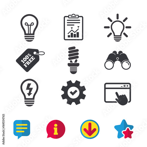 Light lamp icons. Fluorescent lamp bulb symbols. Energy saving. Idea and success sign. Browser window, Report and Service signs. Binoculars, Information and Download icons. Stars and Chat. Vector