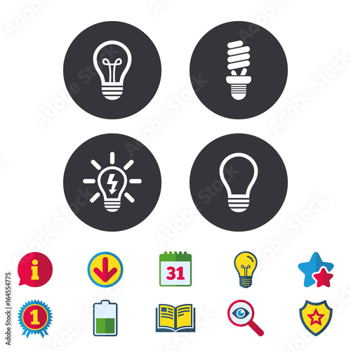Light lamp icons. Fluorescent lamp bulb symbols. Energy saving. Idea and success sign. Calendar, Information and Download signs. Stars, Award and Book icons. Light bulb, Shield and Search. Vector