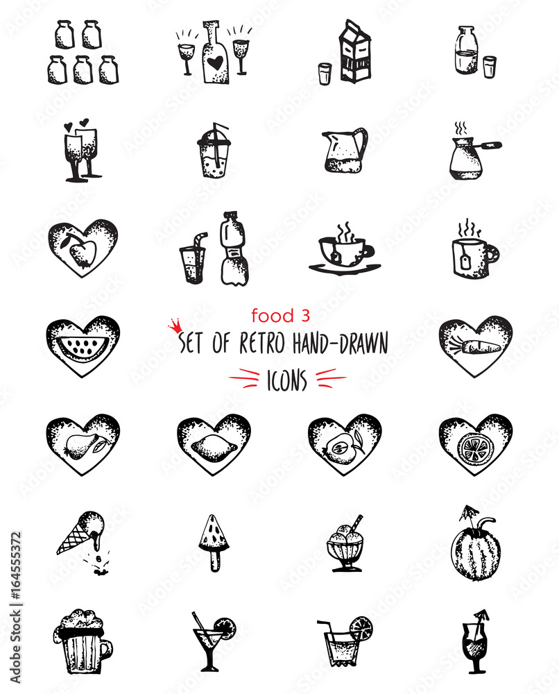 Food hand-drawn sketch line icons Fruits and drinks