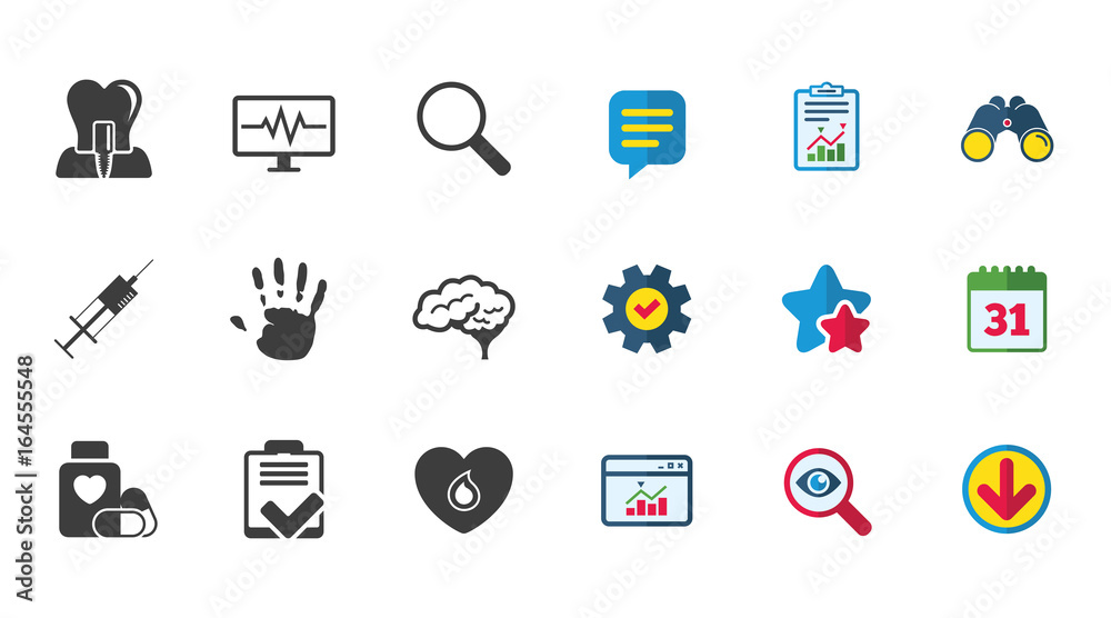 Medicine, medical health and diagnosis icons. Blood, syringe injection and neurology signs. Tooth implant, magnifier symbols. Calendar, Report and Download signs. Stars, Service and Search icons