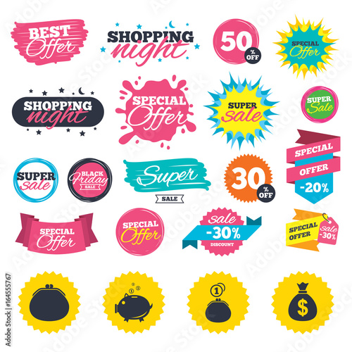 Sale shopping banners. Wallet with cash coin and piggy bank moneybox symbols. Dollar USD currency sign. Web badges, splash and stickers. Best offer. Vector