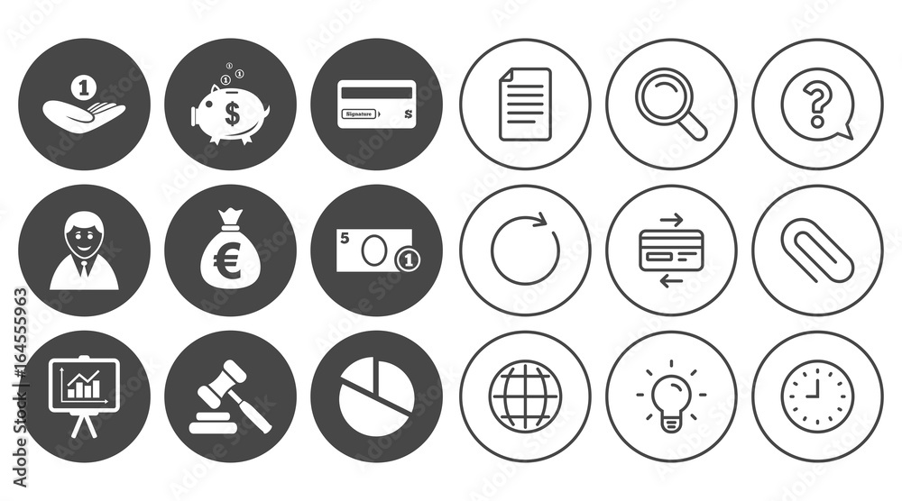 Money, cash and finance icons. Piggy bank, credit card and auction signs. Presentation, pie chart and businessman symbols. Document, Globe and Clock line signs. Lamp, Magnifier and Paper clip icons Money, cash and finance icons. Piggy bank, credit card and auction signs. Presentation, pie chart and businessman symbols. Document, Globe and Clock line signs. Lamp, Magnifier and Paper clip icons