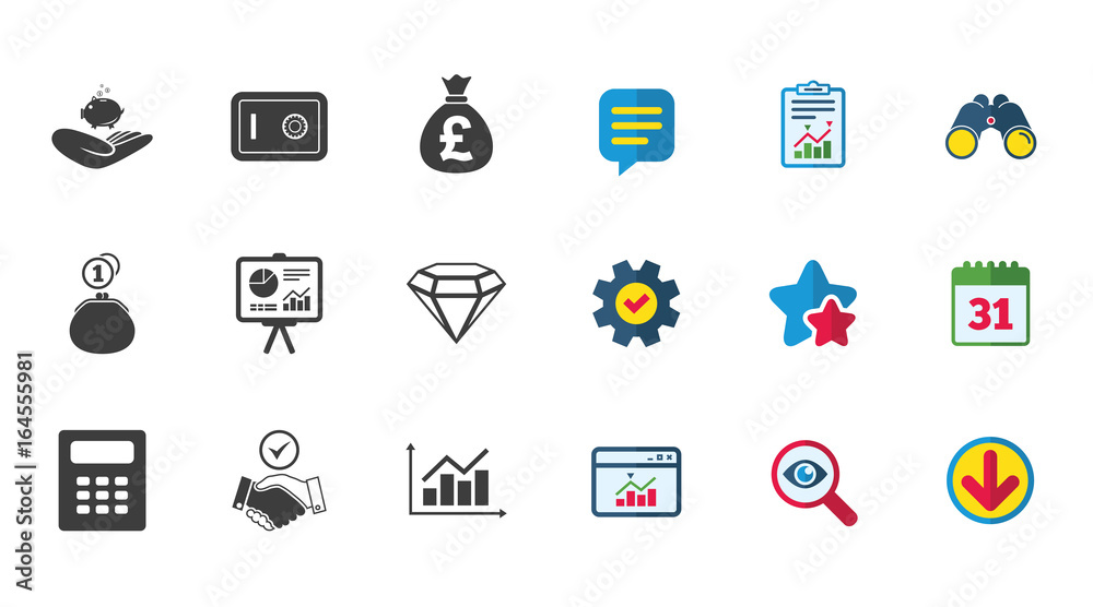 Money, cash and finance icons. Handshake, safe and calculator signs. Chart, safe and jewelry symbols. Calendar, Report and Download signs. Stars, Service and Search icons. Vector