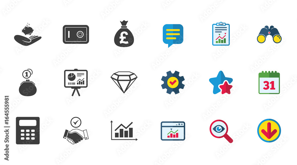Money, cash and finance icons. Handshake, safe and calculator signs. Chart, safe and jewelry symbols. Calendar, Report and Download signs. Stars, Service and Search icons. Vector Money, cash and finance icons. Handshake, safe and calculator signs. Chart, safe and jewelry symbols. Calendar, Report and Download signs. Stars, Service and Search icons. Vector
