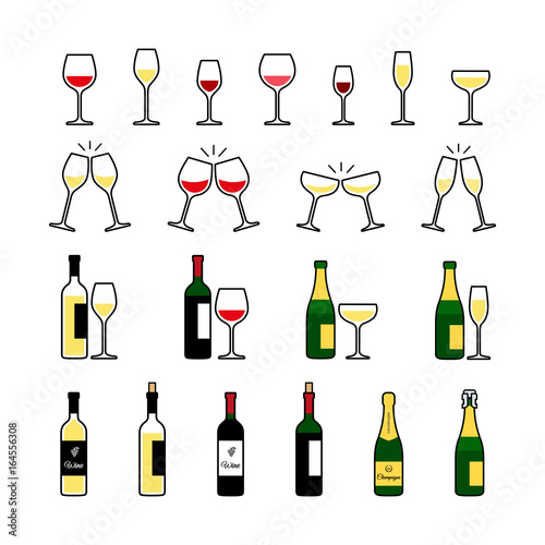 Wine and champagne bottles and glasses icons set.
