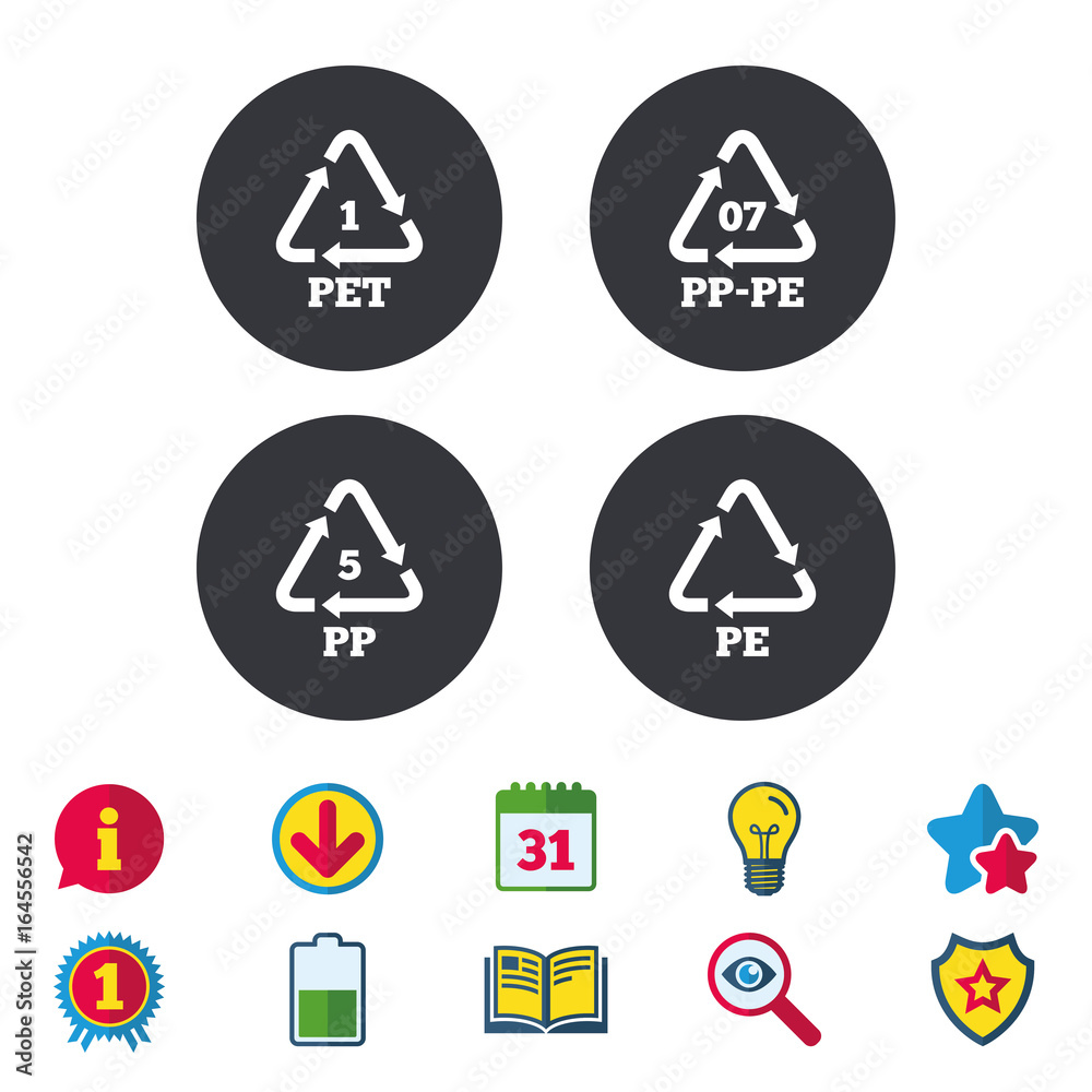 PET 1, PP-pe 07, PP 5 and PE icons. High-density Polyethylene terephthalate sign. Recycling symbol. Calendar, Information and Download signs. Stars, Award and Book icons. Light bulb, Shield and Search PET 1, PP-pe 07, PP 5 and PE icons. High-density Polyethylene terephthalate sign. Recycling symbol. Calendar, Information and Download signs. Stars, Award and Book icons. Light bulb, Shield and Search