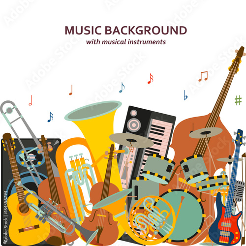 Music background made of different musical instruments, treble clef and notes. Colorful vector illustration.