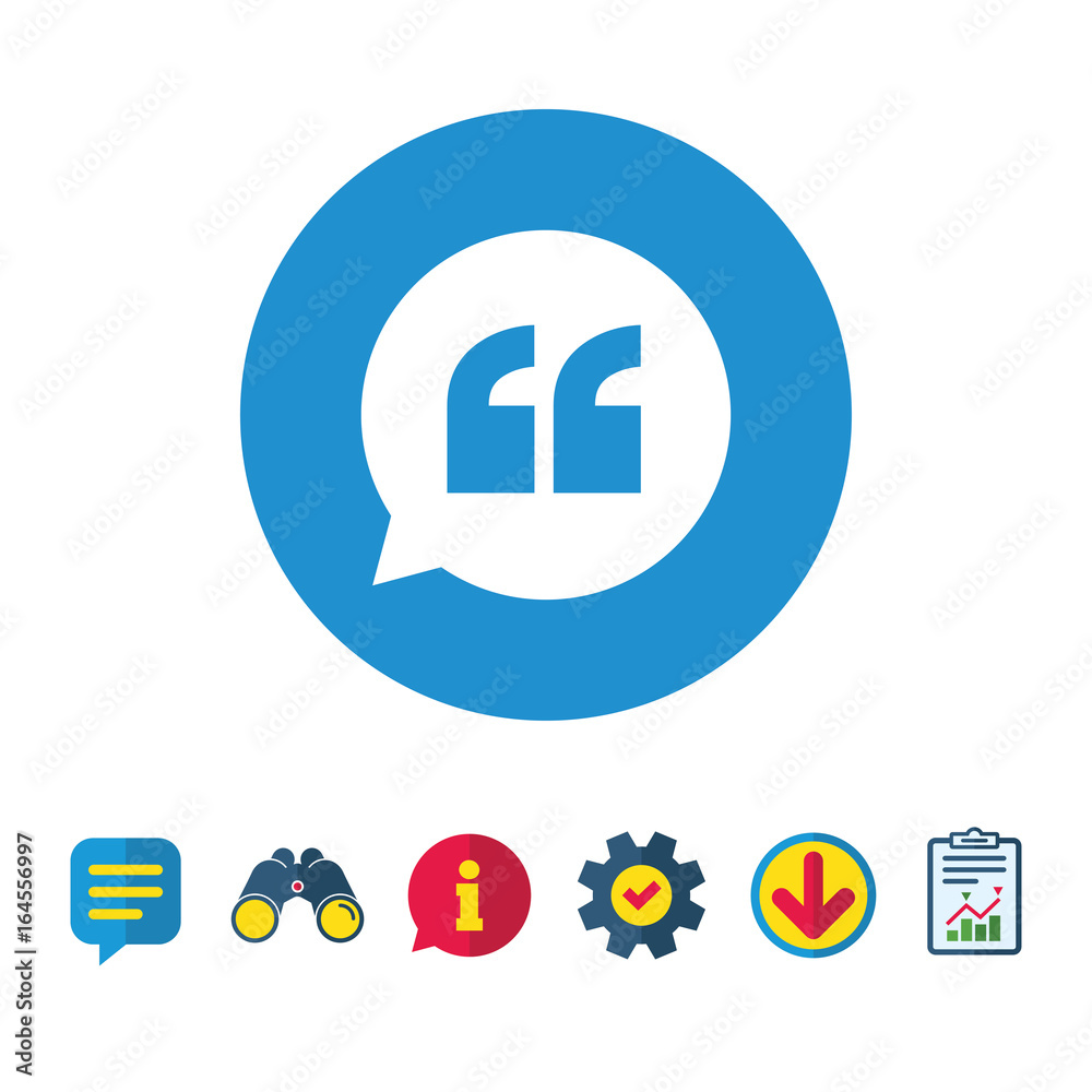 Quote sign icon. Quotation mark in speech bubble symbol. Double quotes. Information, Report and Speech bubble signs. Binoculars, Service and Download icons. Vector Quote sign icon. Quotation mark in speech bubble symbol. Double quotes. Information, Report and Speech bubble signs. Binoculars, Service and Download icons. Vector