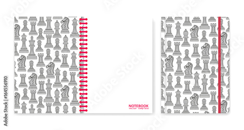 Cover design for notebooks or scrapbooks with ornamental chess pieces. Vector illustration.