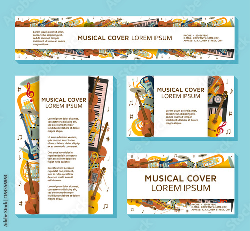 Photography Music templates and banners made of different musical instruments, treble clef and notes