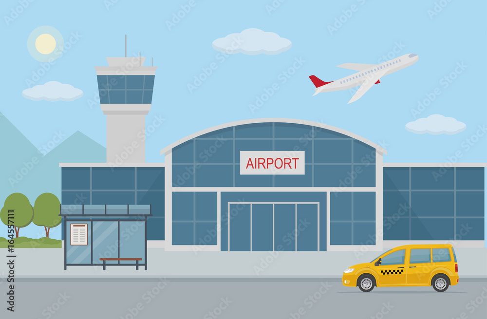 Airport building, taxi cab and bus stop. Flat style, vector illustration
