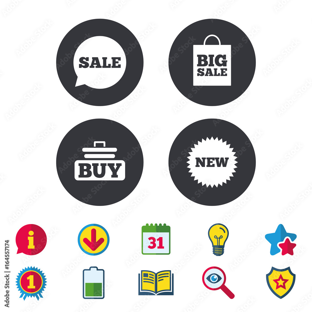 Sale speech bubble icon. Buy cart symbol. New star circle sign. Big sale shopping bag. Calendar, Information and Download signs. Stars, Award and Book icons. Light bulb, Shield and Search. Vector