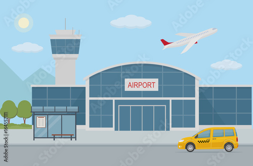 Airport building, taxi cab and bus stop. Flat style, vector illustration
