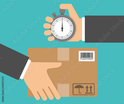 Delivery in time concept. Hand holding a stopwatch and a cardboard package