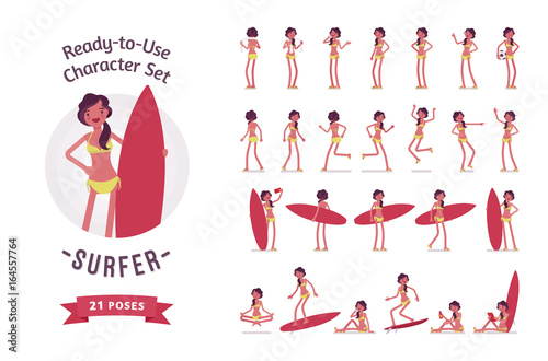 Ready-to-use surfer woman character set, various poses and emotions