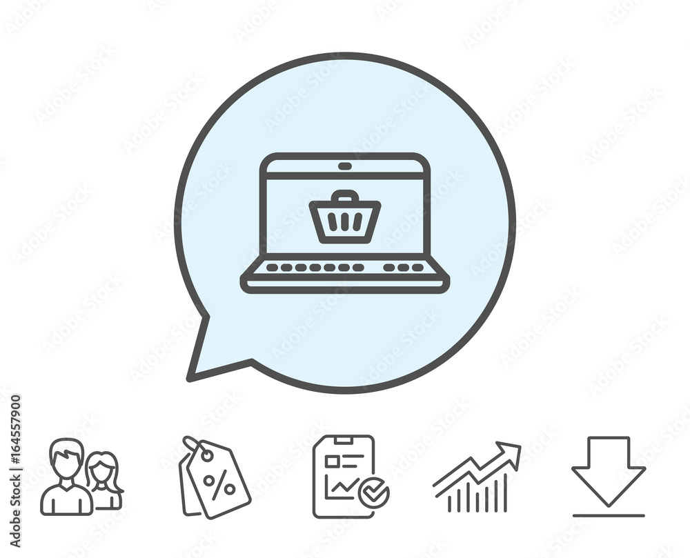 Online Shopping cart line icon. Laptop sign. Supermarket basket symbol. Report, Sale Coupons and Chart line signs. Download, Group icons. Editable stroke. Vector Online Shopping cart line icon. Laptop sign. Supermarket basket symbol. Report, Sale Coupons and Chart line signs. Download, Group icons. Editable stroke. Vector