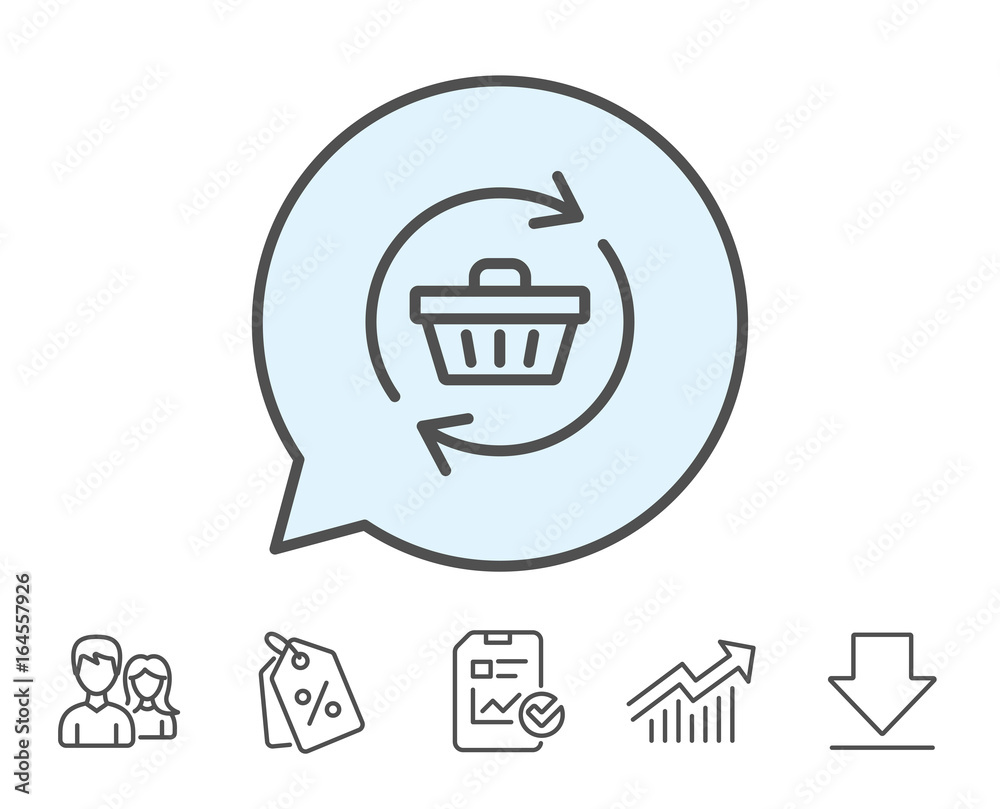 Update Shopping cart line icon. Online buying sign. Supermarket basket symbol. Report, Sale Coupons and Chart line signs. Download, Group icons. Editable stroke. Vector Update Shopping cart line icon. Online buying sign. Supermarket basket symbol. Report, Sale Coupons and Chart line signs. Download, Group icons. Editable stroke. Vector