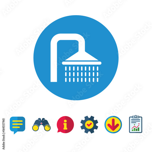 Shower sign icon. Douche with water drops symbol. Information, Report and Speech bubble signs. Binoculars, Service and Download icons. Vector