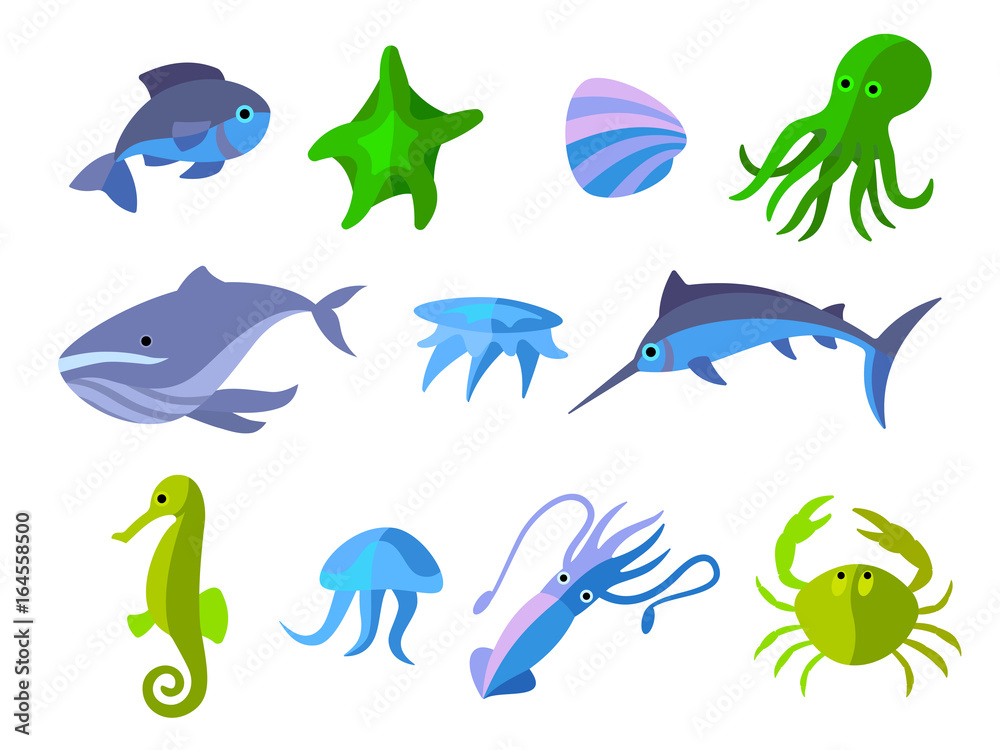 Fototapeta premium set of flat icons of aquatic animals 