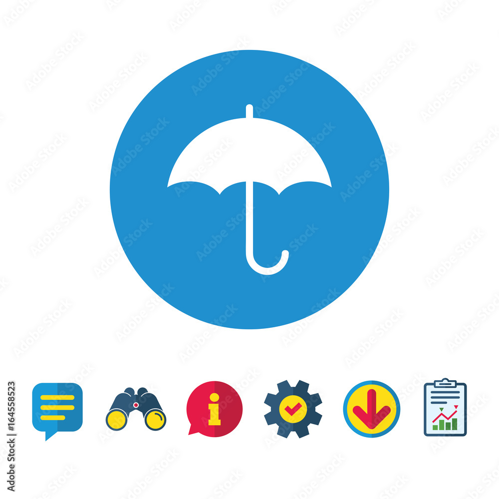 Umbrella sign icon. Rain protection symbol. Information, Report and Speech bubble signs. Binoculars, Service and Download icons. Vector