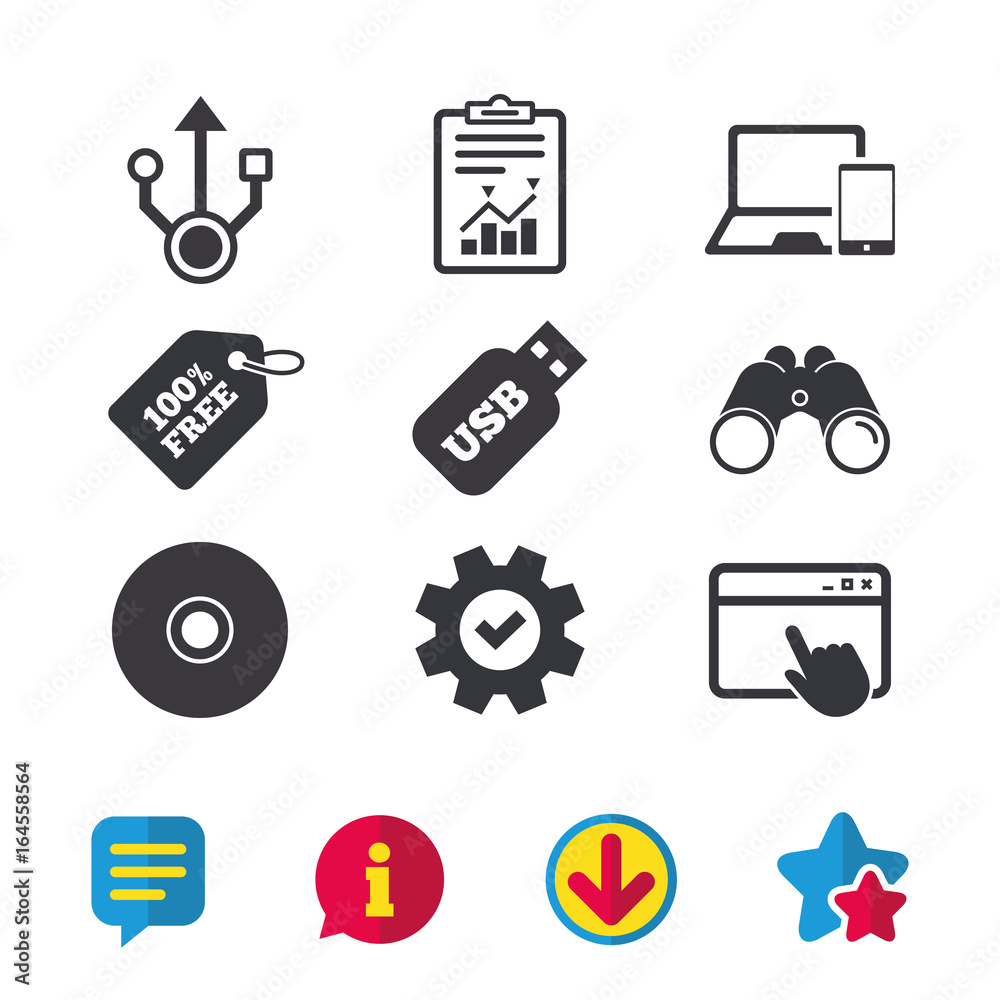 Usb flash drive icons. Notebook or Laptop pc symbols. Smartphone device. CD or DVD sign. Compact disc. Browser window, Report and Service signs. Binoculars, Information and Download icons. Vector Usb flash drive icons. Notebook or Laptop pc symbols. Smartphone device. CD or DVD sign. Compact disc. Browser window, Report and Service signs. Binoculars, Information and Download icons. Vector