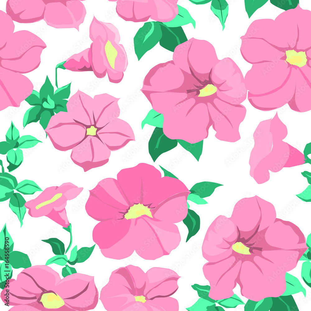 The petunia design. pink flower on white background for seamless, pattern and background. Vector illustration.