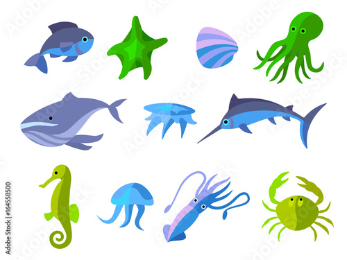 set of flat icons of aquatic animals  