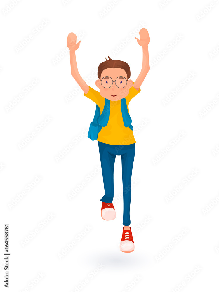  appy boy running with backpack. Back to school. Cartoon style.