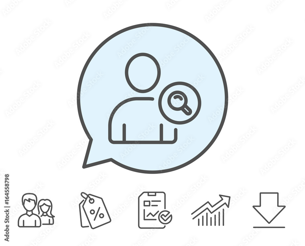 Search User line icon. Profile Avatar with Magnifying glass sign. Person silhouette symbol. Report, Sale Coupons and Chart line signs. Download, Group icons. Editable stroke. Vector Search User line icon. Profile Avatar with Magnifying glass sign. Person silhouette symbol. Report, Sale Coupons and Chart line signs. Download, Group icons. Editable stroke. Vector