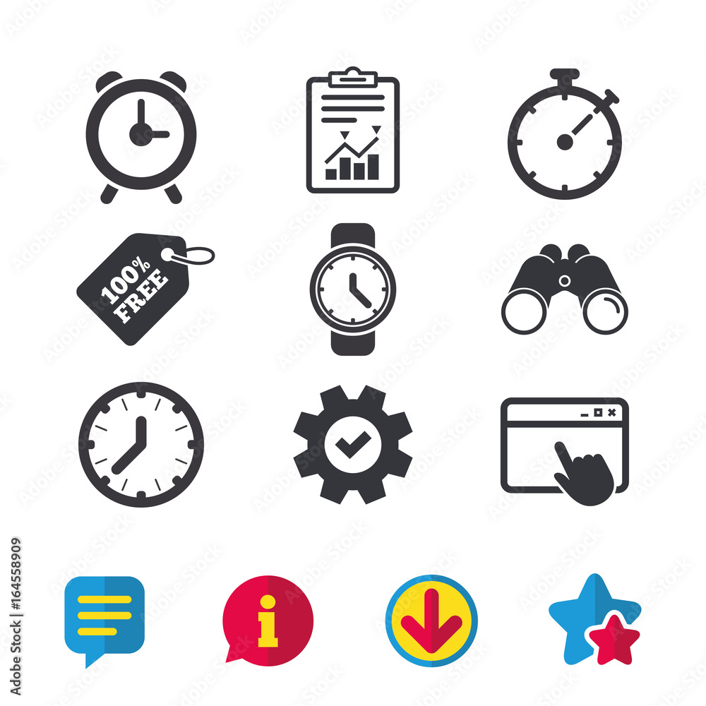 Mechanical clock time icons. Stopwatch timer symbol. Wake up alarm sign. Browser window, Report and Service signs. Binoculars, Information and Download icons. Stars and Chat. Vector Mechanical clock time icons. Stopwatch timer symbol. Wake up alarm sign. Browser window, Report and Service signs. Binoculars, Information and Download icons. Stars and Chat. Vector