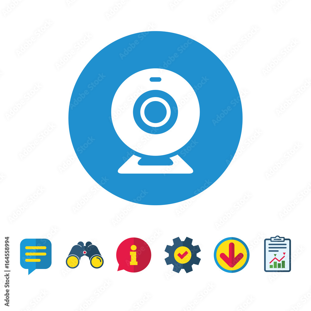 Webcam sign icon. Web video chat symbol. Camera chat. Information, Report and Speech bubble signs. Binoculars, Service and Download icons. Vector Webcam sign icon. Web video chat symbol. Camera chat. Information, Report and Speech bubble signs. Binoculars, Service and Download icons. Vector