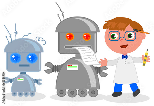 Cartoon cute smart inventor with robots vector