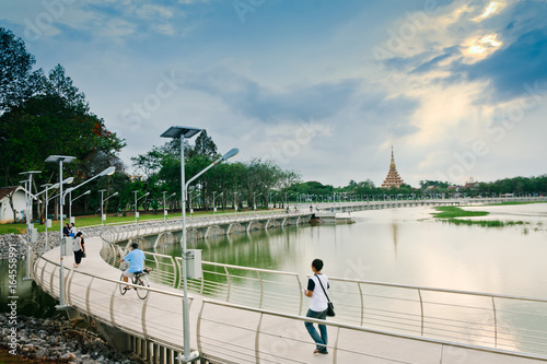 Khon Kaen city scape,the bridge in Bueng KaenNakhon lake is Park City,is new Landmark in Khon Kaen photo