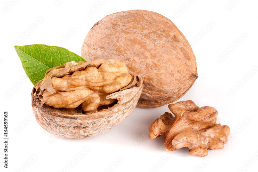 Walnuts with leaf isolated on white background Walnuts with leaf isolated on white background