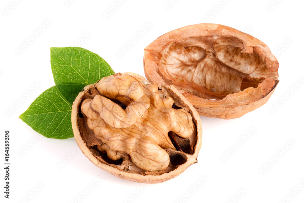 Walnut with leaf isolated on white background Walnut with leaf isolated on white background