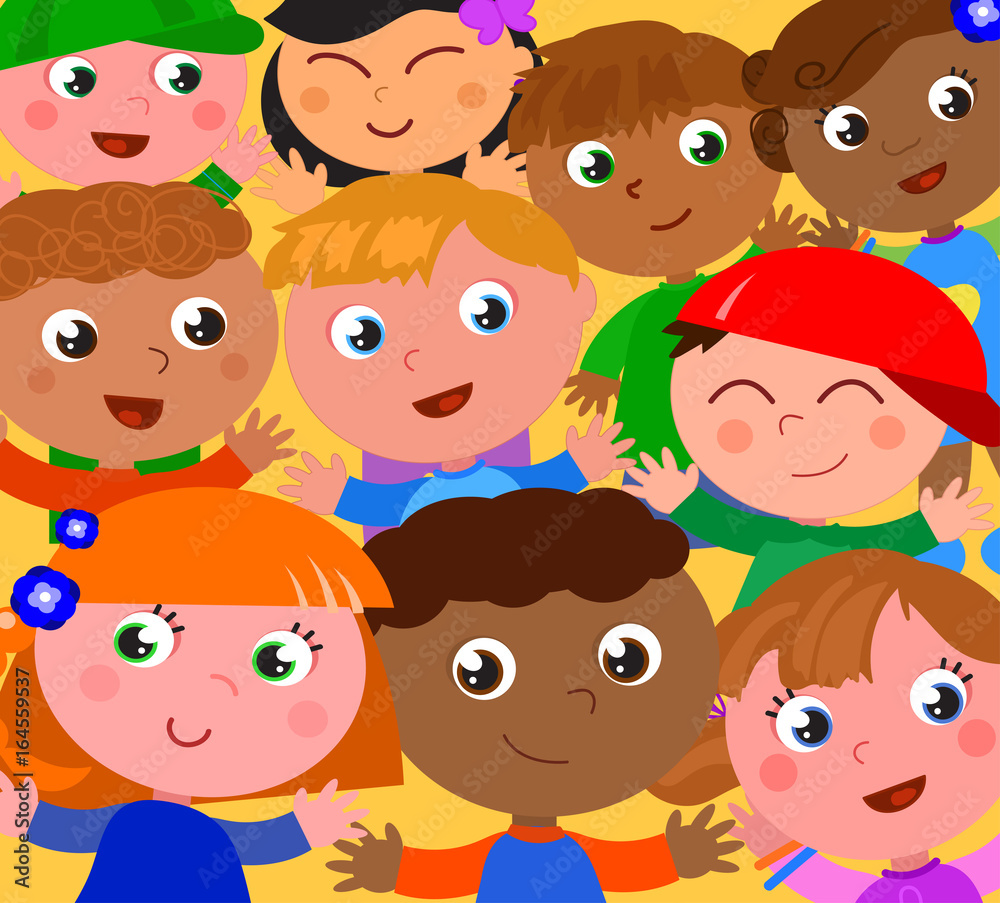 Crowd of happy children with hands up vector Crowd of happy children with hands up vector