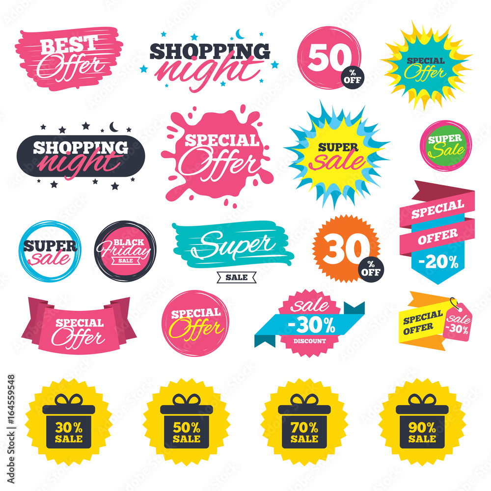 Obraz premium Sale shopping banners. Sale gift box tag icons. Discount special offer symbols. 30%, 50%, 70% and 90% percent sale signs. Web badges, splash and stickers. Best offer. Vector