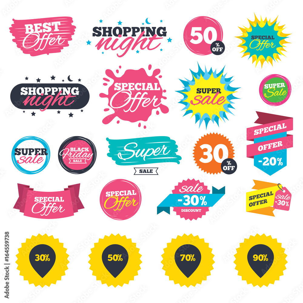 Sale shopping banners. Sale pointer tag icons. Discount special offer symbols. 30%, 50%, 70% and 90% percent discount signs. Web badges, splash and stickers. Best offer. Vector