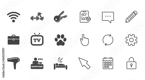 Hotel, apartment service icons. Wi-fi internet. Reception, pets allowed and hairdryer symbols. Chat, Report and Calendar line signs. Service, Pencil and Locker icons. Click, Rotation and Cursor