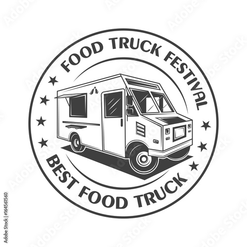 Food truck festival vintage logo,label, badge, or emblem in monochrome style
