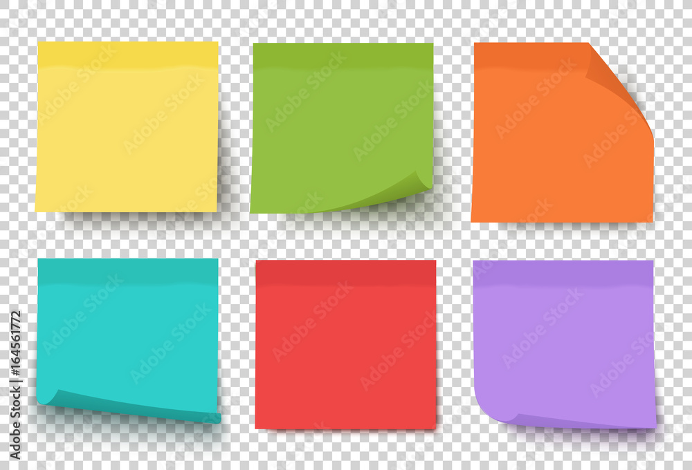 Multicolor post it notes isolated on transparent background. Colored sticky  note set. Vector realistic illustration. Sticky note collection with curled  corners and shadows. Stock Vector | Adobe Stock