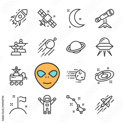 Vector black line Space icons set. Cosmonaut, Rocket, UFO, Satellite, Steroid.