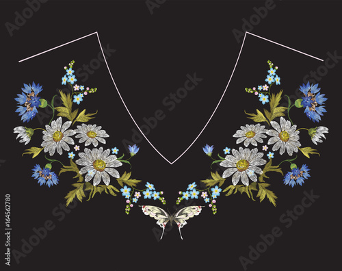 Embroidery neckline floral pattern with chamomiles, cornflowers and butterfly.