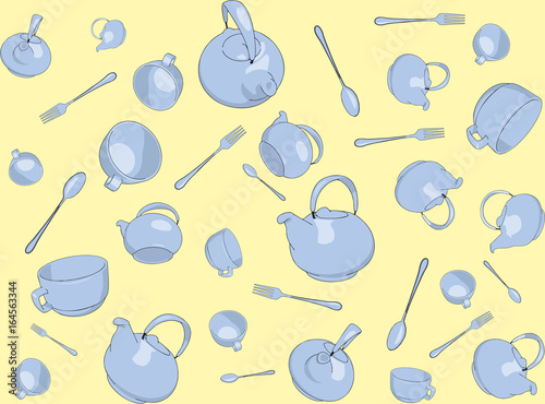 Kitchen background with teapot and cup