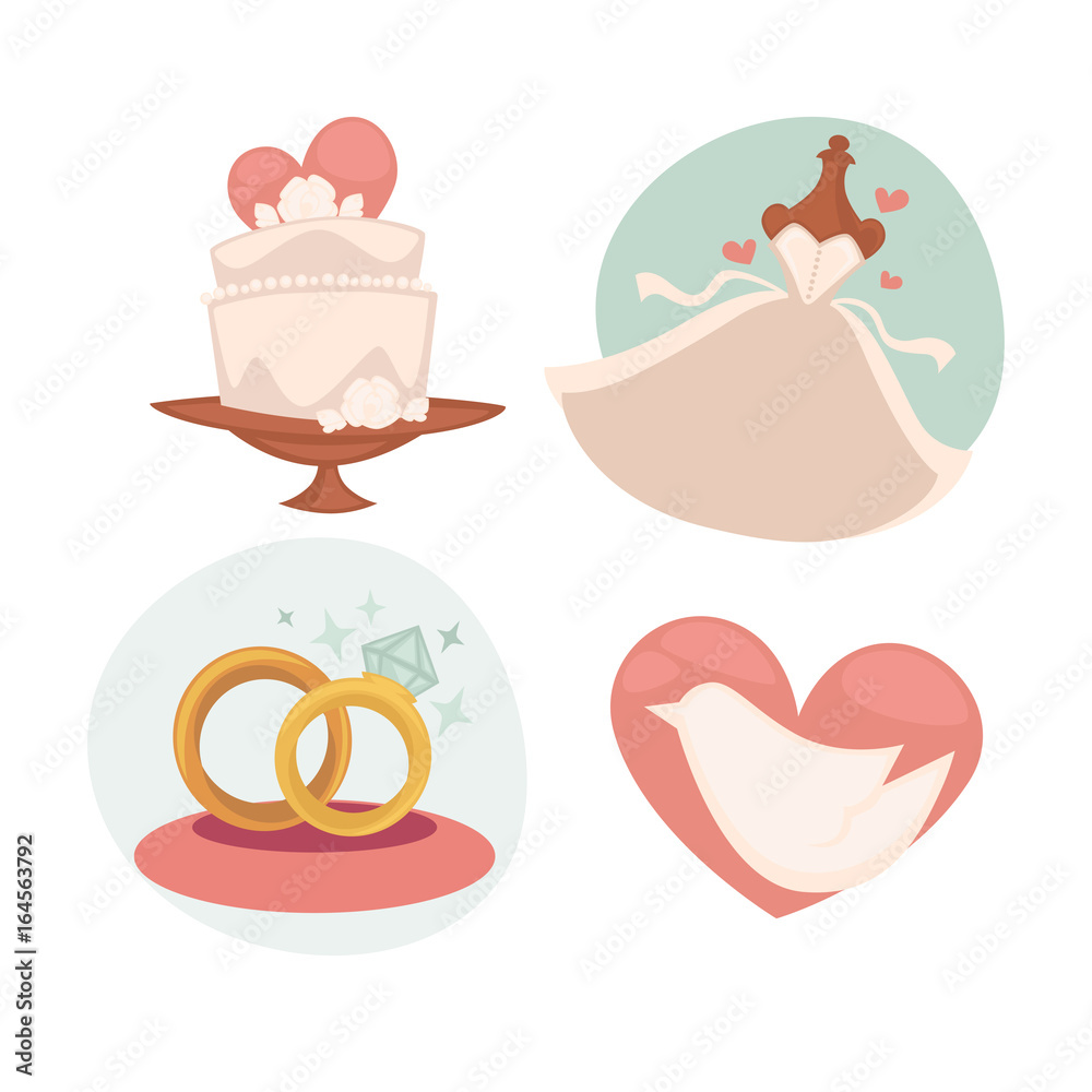 Vector wedding illustrations with marriage symbols.