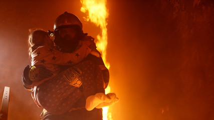 Brave Fireman Holds Saved Girl in His Arms in a Burning Building with open fire in the Background.