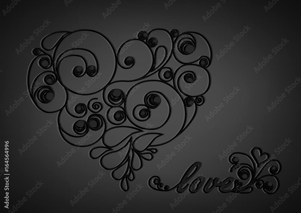 black calligraphic heart with shadow and love word on the black background horizontal black calligraphic heart with shadow and love word on the black background horizontal
